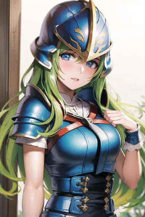 1girl, solo, blue armor, helmet, looking at viewer, upper body, outdoor,