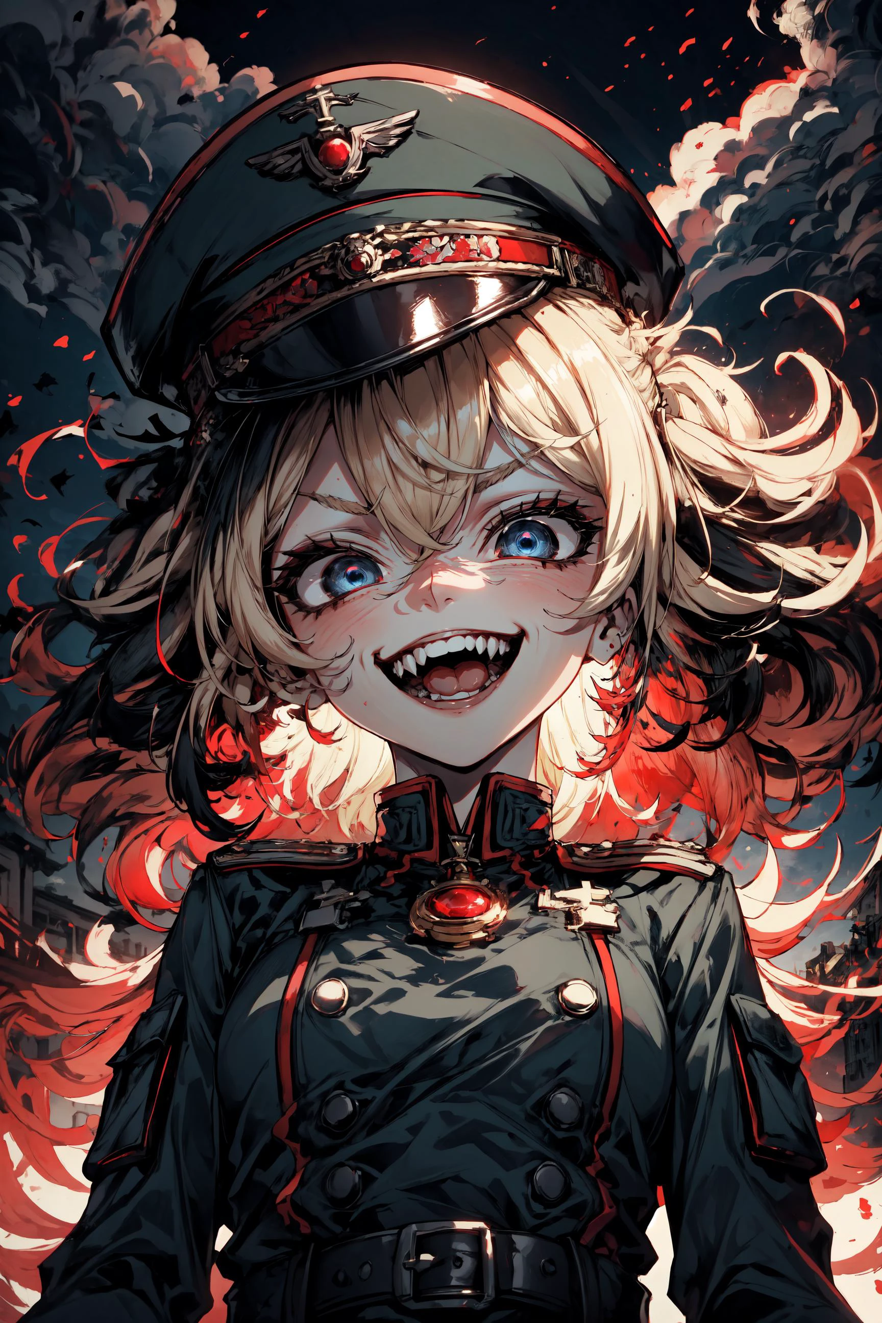 short hair,blonde hair, blue eyes, eyelashes,militar outhit, militar hat,small body,tiny,small boobs,grin widely,(euphoric),euphoric expression,(crazy face),(mad),(mad face),red gem,sky background,clouds,from below, <lora:tanya:0.8> tanya, <lora:_20230728200903:0.7> 5, <lora:PSYCHOPHONKY:0.8> PSYCHOPHONKY, crazy smile,