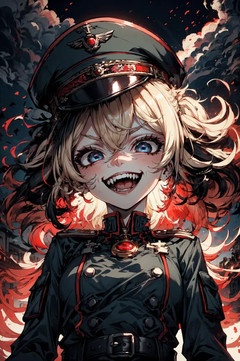 short hair,blonde hair, blue eyes, eyelashes,militar outhit, militar hat,small body,tiny,small boobs,grin widely,(euphoric),euphoric expression,(crazy face),(mad),(mad face),red gem,sky background,clouds,from below, <lora:tanya:0.8> tanya, <lora:_20230728200903:0.7> 5,  <lora:PSYCHOPHONKY:0.8> PSYCHOPHONKY, crazy smile,