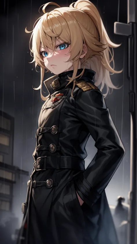 anime, 2d, anime style, (highly detailed:1.2), (highres:1.2), dark theme, tanya, 1girl, solo, serious face, small breasts, curvy, wet clothes, (military coat, coat:1.2), rain, rainy weather, night, 
<lora:Mild_detail_adjusterV10:0.2> <lyco:GoodHands-beta2:1.0> <lyco:[LoConLoRA] pseudo-daylightå½æ¥å Concept:0.2> <lora:LowRA:0.2> <lora:tanya-10:0.8>