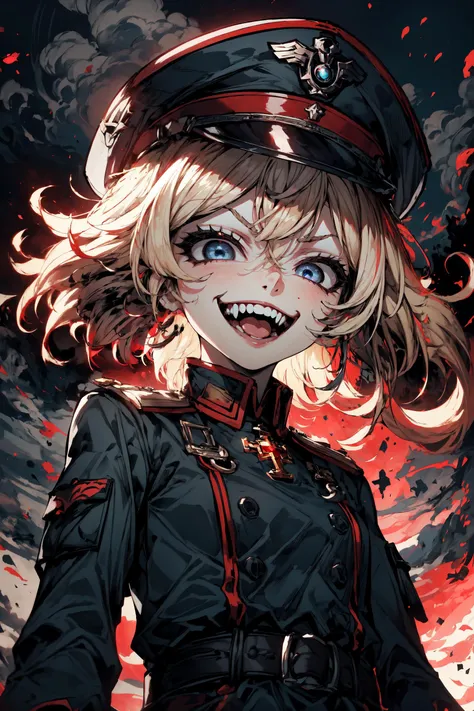 short hair,blonde hair, blue eyes, eyelashes,militar outhit, militar hat,small body,tiny,small boobs,grin widely,(euphoric),euphoric expression,(crazy face),(mad),(mad face),red gem,sky background,clouds,from below, <lora:tanya:0.8> tanya, <lora:_20230728200903:0.7> 5, <lora:PSYCHOPHONKY:0.8> PSYCHOPHONKY, crazy smile,