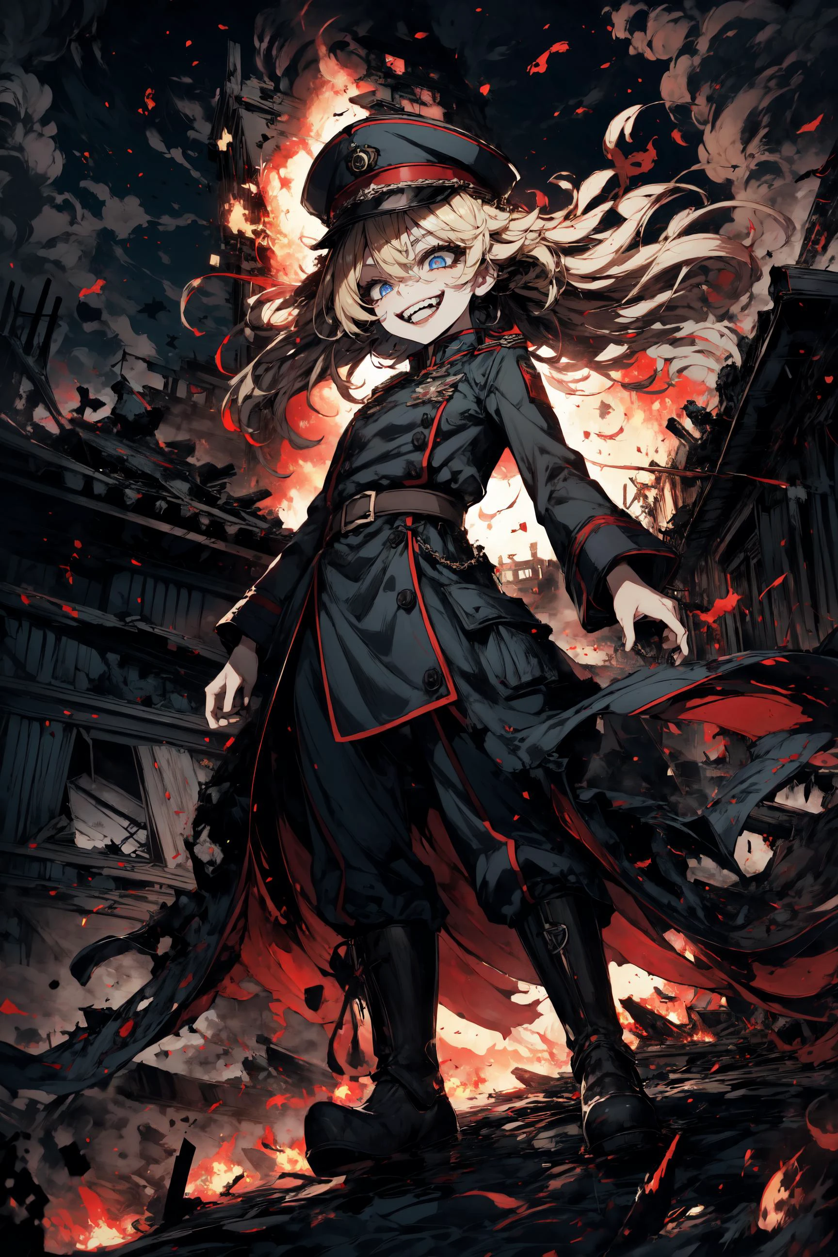 short hair,blonde hair, blue eyes, eyelashes,militar outhit, militar hat,small body,tiny,small boobs,grin widely,(euphoric),euphoric expression,(crazy face),(mad),(mad face),red gem,sky background,clouds,from below, full body,destroyed town,fire around,ruins,(flying),<lora:tanya:0.8> tanya, <lora:_20230728200903:0.7> 5, <lora:PSYCHOPHONKY:0.8> PSYCHOPHONKY, crazy smile,