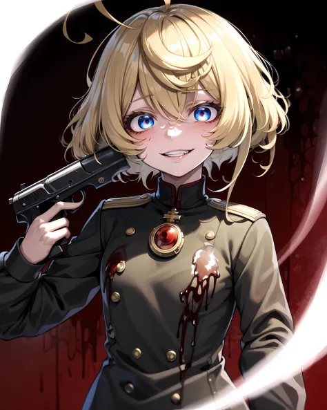masterpiece, perfect hands, best quality, highly detailed, absurdres, <lora:tanya-10:1> (tanya, short hair, military:1), <lora:yameroyandere-v2:0.2> (yameroyandere, yandere, empty eyes, shaded face, crazy eyes, glowing eyes, crazy smile, dark:1), large pupils, <lora:ebiblue-07:0.3> (ebiblue:1), <lora:lora_blood_v1_from_v1_160:0.9> (bloodyface, blood on the face:1.3), <lora:Gun2HeadV4:0.8> (g2h, gun to head, holding gun:1.2)