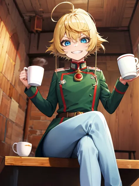 masterpiece, detailed, high quality, absurdres, tanya, 1girl, solo, evil grin, small breasts, curvy, military, military uniform, sitting on desk, crossed legs, holding cup, coffee, paper, cowboy shot,