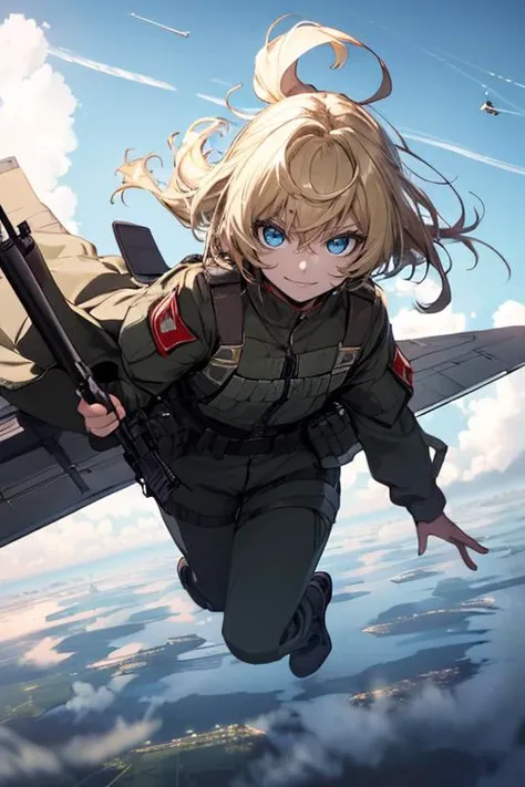 (masterpiece, best quality:1.1), 1girl solo, tanya, 1girl, solo, petite, curvy, military, military uniform, <lora:tanya:0.7>, evil smile, (((flying in the sky, floating in the sky))),hold a rifle, blonde hair
