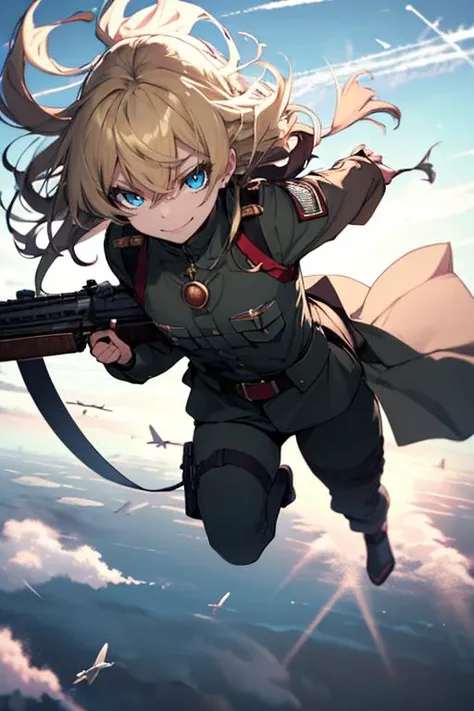 (masterpiece, best quality:1.1), 1girl solo, tanya, 1girl, solo, petite, curvy, military, military uniform, <lora:tanya:0.7>, evil smile, (((flying in the sky, floating in the sky))),hold a rifle, blonde hair