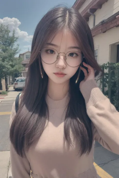 <lora:av_cute2:0.7:FACE>cutegirl, glasses, upper_body, Quiet suburban neighborhood