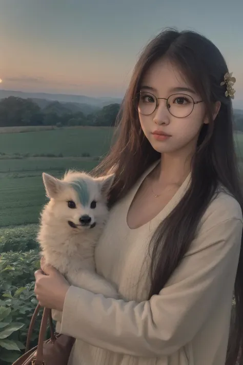 <lora:av_cute2:0.7:FACE>cutegirl, glasses, upper_body, Dawn breaking over a farm where mythical creatures live in harmony