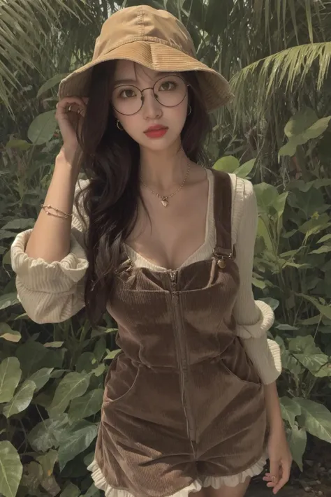 <lora:doll2:0.6>1girl,glasses, cowboy_shot, Puff sleeve top, Corduroy overall dress, Ankle boots, Bucket hat, and layered dainty necklaces., Ancient ruins in a jungle