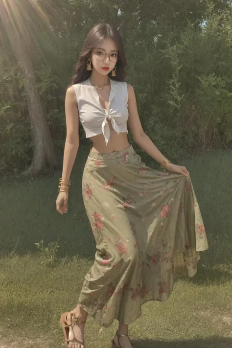 <lora:doll2:0.6>1girl,glasses, cowboy_shot, Tie-front crop top, Printed maxi skirt, Flat sandals, Tassel earrings, and bangle bracelets., Serene meadow bathed in golden sunlight