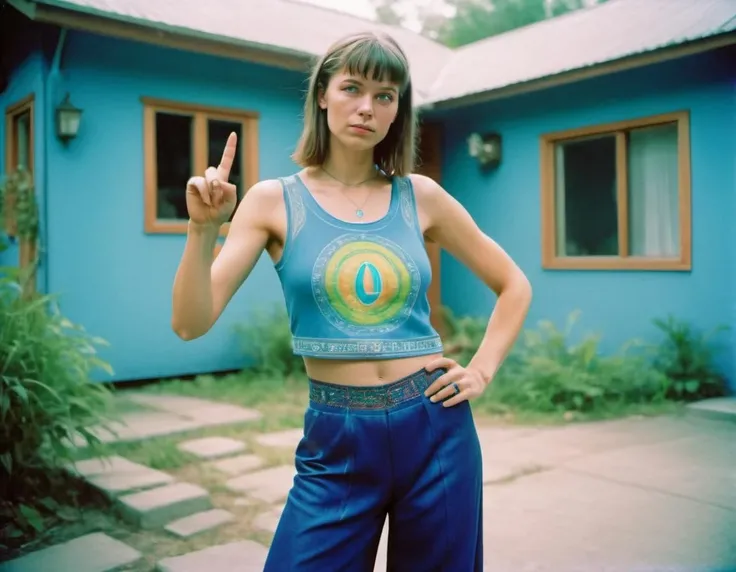 photograph, stout (Female:1.2) of Pandora, wearing Insensitive Ukrainian Magic Sleeveless top and wide-leg pants, giving you the finger, background is Bungalow, split diopter, film grain, Fuji superia 400, Depth of field 100mm, Rainbow and electric blue neon hue, hyperdetailed, UHD, (cinematic still:1.2)
<lora:offset_0.2:0.5> <lora:add-detail-xl:0.7>