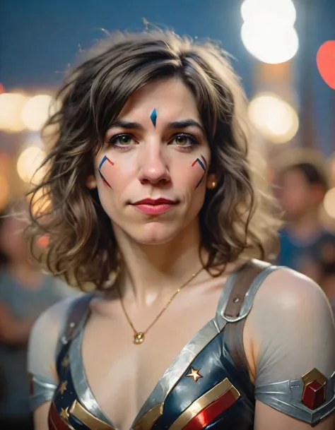 art by Daniel F. Gerhartz, photograph, Invigorating Belarusian Carrie Brownstein, captivating pose, Average hair styled as Knottty, American Superhero Face Paint, Ring, tilt shift, Moonlit, film grain, Kodak gold 200, macro lens, <lora:sd_xl_offset_example-lora_1.0:0.4>