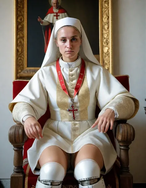 [ (art by Alayna Lemmer:0.7) ,art by Élisabeth Vigée Le Brun::16], photograph, masterpiece, knee level shot of a Visually Stimulating Belarusian Female Papal legate, Proud, Vanitas, film grain, Sony A7, 50mm,  <lora:sd_xl_offset_example-lora_1.0:0.4>