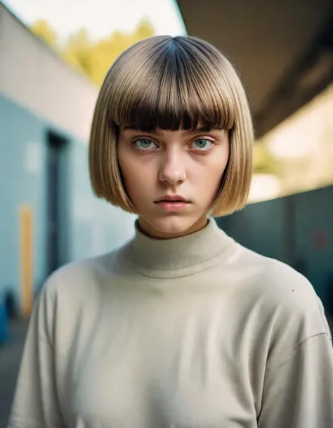 photograph, Foul Futuristic Female Tanner, Visionary hair, Bowl cut hairstyle, near School, soft focus, Ultrarealistic, Normcore Art, film grain, Nikon Z9, F/8, four colors, [art by Léon Bakst, (art by Jarek Kubicki:0.7) :3],  <lora:sd_xl_offset_example-lora_1.0:0.4>