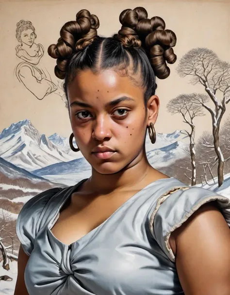 art by Frederic Bazille, (art by Annibale Carracci:0.7) , photograph, Brutal stocky (Female Geographer:1.1) of Victory, Shiny Bantu knots hairstyle, background is [Workshop|tavern], Winter, Sketch, film grain, Fujifilm XT3, F/5, absurdres, masterpiece,  <lora:sd_xl_offset_example-lora_1.0:0.4>