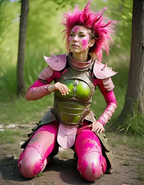 photograph, [Funny:Angelic:14] (Female Dragonborn:1.1) , wearing Wood electric pink Fantasy costume, Kneeling, wabi-sabi hair, horizon-centered, Amusing, film grain, film camera, Zoom lens, Red and Lime green splash, [ (art by George Romney:1.1) ,art by André Leblanc::3],  <lora:sd_xl_offset_example-lora_1.0:0.4>
