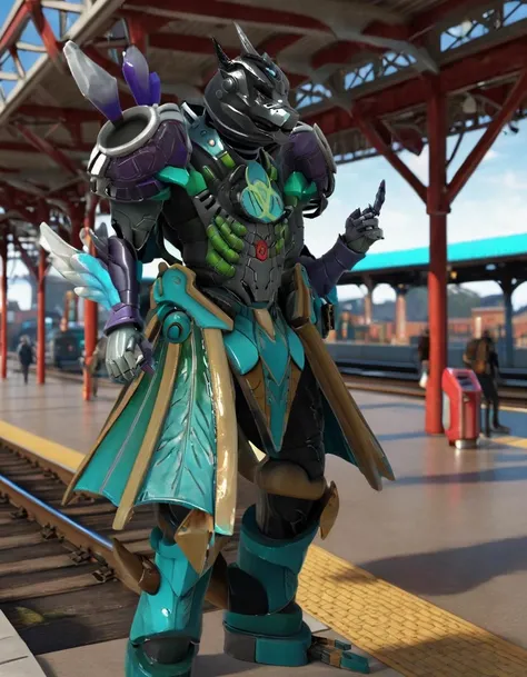 Redshift render, [Cluttered:Ruined:11] KingChaosJasper standing at the Train station, anthropomorphic, shallow depth of field, Illustration, Pre-raphaelitism, [ (art by Fernand Toussaint:0.9) |art by Klaus Wittmann] <lora:xl_KingChaosJasper:1>