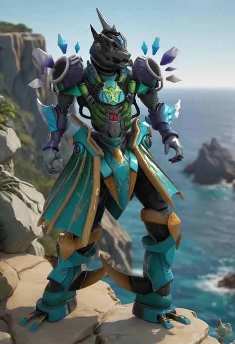 full body photo of KingChaosJasper standing on a cliff, ocean in background, soft raytrace, intricate details, insane details, 8k, summer atmosphere, reflections, f/11, 8k, cinematic, realistic, naturalistic shot, National Geographic award winning <lora:xl_KingChaosJasper:1>