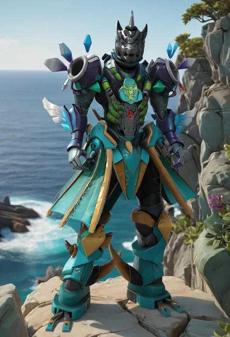 full body photo of KingChaosJasper standing on a cliff, ocean in background, soft raytrace, intricate details, insane details, 8k, summer atmosphere, reflections, f/11, 8k, cinematic, realistic, naturalistic shot, National Geographic award winning <lora:xl_KingChaosJasper:1>