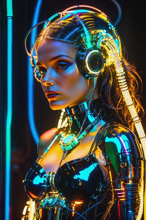 cyberpunk girl, cyberpunk cityscape,shineglasscd_xl, by alphonse mucha, by H.R. Giger, cables, tubes, lights, displays, screens, 80's inspired,retro futurism, neon colors<lora:shineglasscd_xl-000005:0.8>, <lora:EnvyBetterHiresFixXL01:1>, masterpiece, best quality, ultra high res, (photorealistic, realistic:1.2), deep shadow, raw photo, film grain, Fujifilm XT3, 8k uhd, dslr