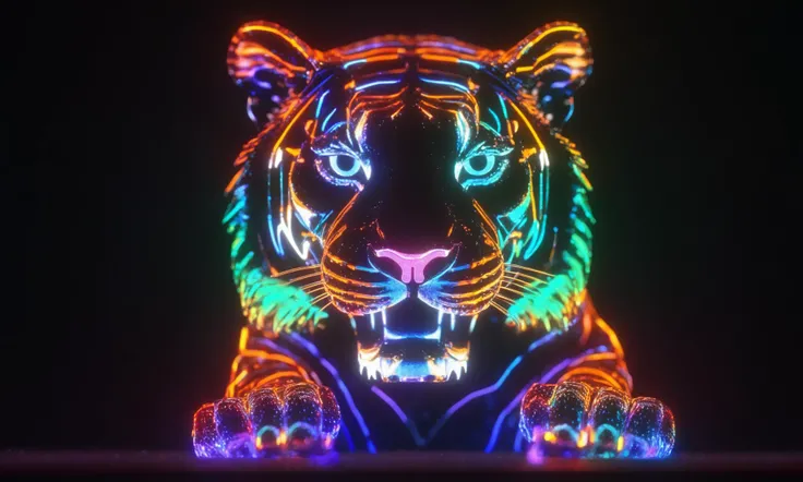 <lora:shineglasscd_xl-000005:0.7>,a (shineglasscd_xl,shine glass,neon lights,light particles,colorful:1.3,gradient,chromatic aberration) mechanical tiger,no humans,long-focus,tilt-shift,dark background,simple background,full body,chinese zodiac,cutie,cute,still life,front view,facing viewer,looking at viewer, emotional,harmonious,high budget,moody,epic,gorgeous,perfect lighting,realistic,photorealistic,photographic,photo (medium),real,moody lighting,volumetric lighting,reality ray tracing,8K,HDR,UHD,masterpiece,best quality,highly detailed,high resolution,finely detail,extremely detailed,ultra detailed,wallpaper