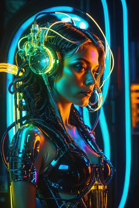 cyberpunk girl, cyberpunk cityscape,shineglasscd_xl, by alphonse mucha, by H.R. Giger, cables, tubes, lights, displays, screens, 80's inspired,retro futurism, neon colors<lora:shineglasscd_xl-000005:0.8>, <lora:EnvyBetterHiresFixXL01:1>, masterpiece, best quality, ultra high res, (photorealistic, realistic:1.2), deep shadow, raw photo, film grain, Fujifilm XT3, 8k uhd, dslr