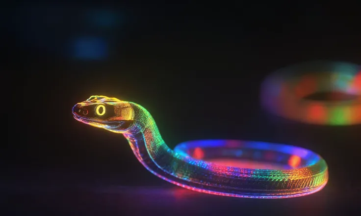 a green neon snake, black backdrop