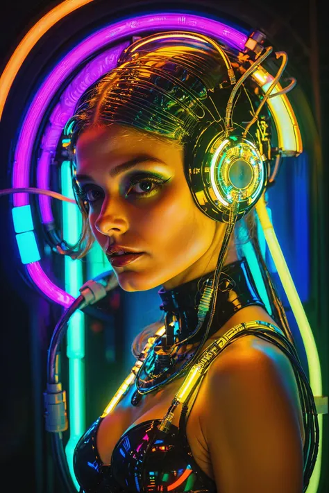 cyberpunk girl, cyberpunk cityscape, by alphonse mucha, by H.R. Giger, cables, tubes, lights, displays, screens, 80's inspired,retro futurism, neon colors<lora:shineglasscd_xl-000005:0.8> shineglasscd_xl, <lora:EnvyBetterHiresFixXL01:1>, masterpiece, best quality, ultra high res, (photorealistic, realistic:1.2), deep shadow, raw photo, film grain, Fujifilm XT3, 8k uhd, dslr