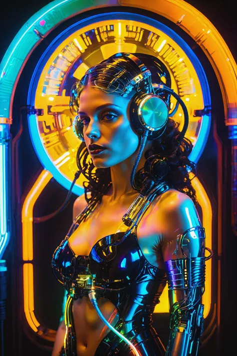 cyberpunk girl, cyberpunk cityscape,shineglasscd_xl, by alphonse mucha, by H.R. Giger, cables, tubes, lights, displays, screens, 80's inspired,retro futurism, neon colors<lora:shineglasscd_xl-000005:0.8>, <lora:EnvyBetterHiresFixXL01:1>, masterpiece, best quality, ultra high res, (photorealistic, realistic:1.2), deep shadow, raw photo, film grain, Fujifilm XT3, 8k uhd, dslr