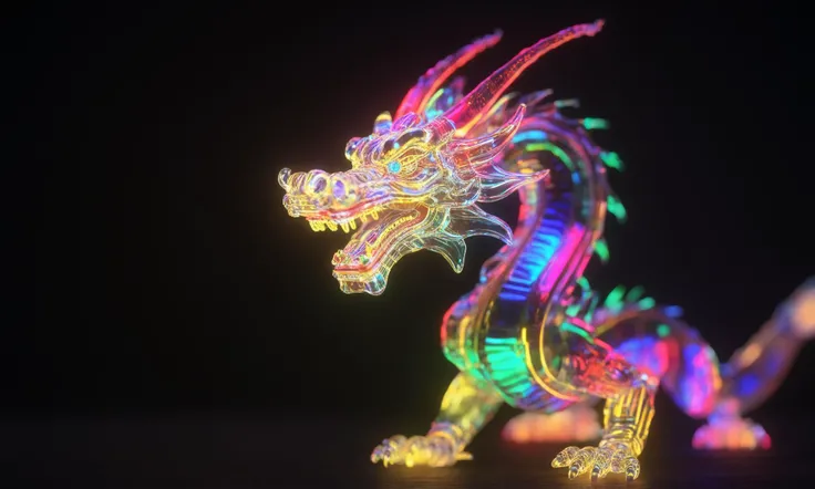 <lora:shineglasscd_xl-000005:0.7>,a (shineglasscd_xl,shine glass,neon lights,light particles,colorful:1.3,gradient,chromatic aberration) mechanical chinese dragon,no humans,long-focus,tilt-shift,dark background,simple background,full body,chinese zodiac,cutie,cute,still life,front view,facing viewer,looking at viewer, emotional,harmonious,high budget,moody,epic,gorgeous,perfect lighting,realistic,photorealistic,photographic,photo (medium),real,moody lighting,volumetric lighting,reality ray tracing,8K,HDR,UHD,masterpiece,best quality,highly detailed,high resolution,finely detail,extremely detailed,ultra detailed,wallpaper