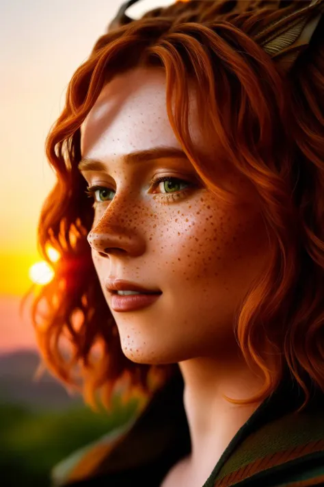 <lora:Doric:1.2>,Doric, freckles, (extremely detailed), full shot body photo of the most beautiful artwork in the world, beautiful women, sunset, Intricate, High Detail, Sharp focus, photorealistic