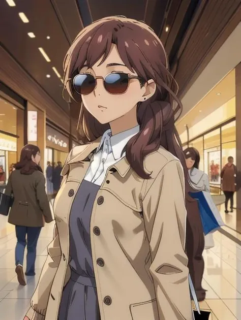 best quality, masterpiece, highres, detailed, digital artwork, <lora:Detail - add_detail:0.2>, KanaokoM,  <lora:Character - KanakoM:1.0>, KanakoM, long hair, brown hair, beige jacket, shopping, mall, sunglasses, mature woman,