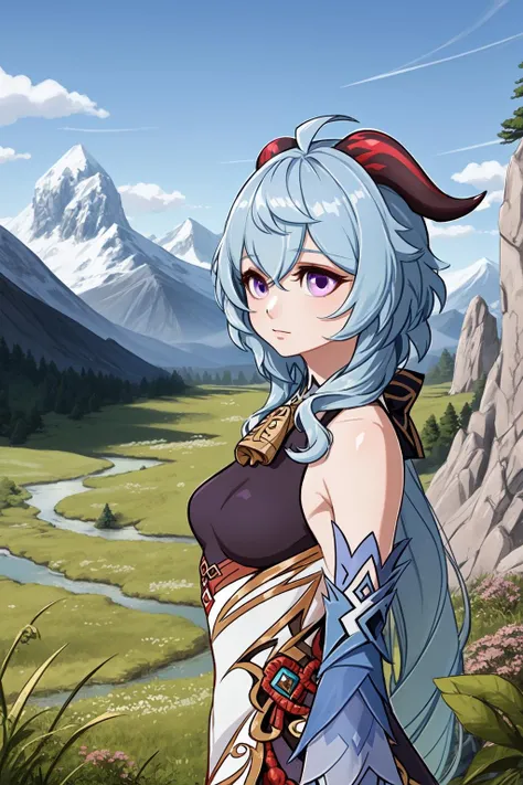 1girl, solo, standing, ganyu \(genshin impact\), medium shot, upper body,
aqua hair, long hair, horns,
purple eyes,
small breasts,
mountains, mountainous horizons, rocks, grass, plants, pines,
<lora:Yabby v3:1>