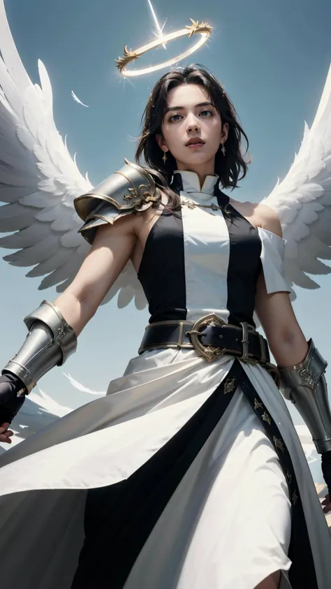 beautiful woman, 1girl, caucasian priest in heaven, look at the viewer, <lora:Clothing - Battle Priest_v2:0.5>, priest outfit, dynamic stance, hold a longsword, paladin, halo, black wings, blue sky cloud background, view from below, devil look, (masterpiece, best quality:1.5), full view, lighting background, feather dust, bare shoulders, looking at viewer, (masterpiece,best quality:1.5)