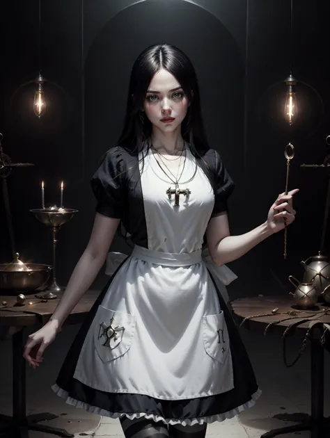 <lora:GoodHands-beta2:0.8>
 <lora:americanmcgee_alice-12:0.8> mcgeealice, dress, apron, striped pantyhose, jewelry, necklace <lora:Clothing - Battle Priest_v2:0.7> battlepriest, black and white color theme, masterpiece, 4k, high quality, highres, absurdres,