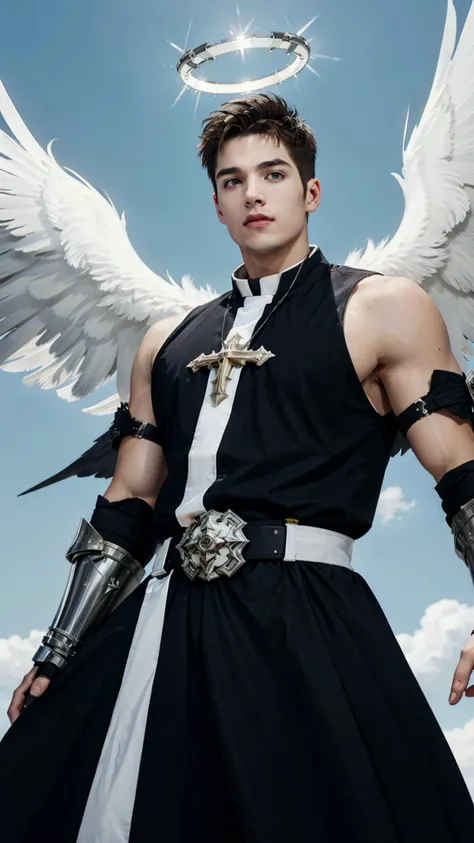 masterpiece, realistic, photographic, 1boy, a sexy young Roman Catholic priest turning into a hot male demon with red skin, black hair, glowing red eyes, long black claws on his fingers and large horns as well as a massive demonic wingspan, he is wearing a black loincloth, bursting out of his ripped and torn priestly robes showing his muscular pecs, abs, biceps, shoulders and perky nipples. A seductive expression on his face, he is surrounded by glowing human skulls, stained glass windows inside the interior of a gothic church background