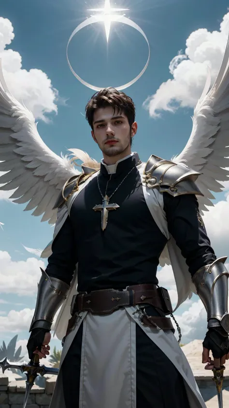 manly priest in heaven Valhalla, look at the viewer, <lora:bababruno_36450:1>, bababruno person, <lora:Clothing - Battle Priest_v2:0.5>, priest outfit, elegant stance, hold a longsword, longsword, paladin, halo, white wings, blue sky with cloud background, view from below, devil look, (feathers:1.2), vahalla, facial hair, beard, (masterpiece,best quality:1.5)