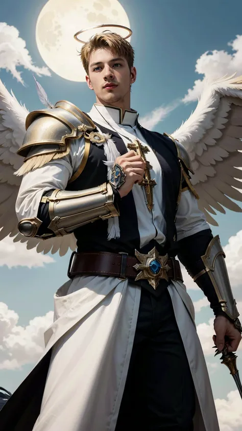 manly angel in heaven Valhalla, look at the viewer, <lora:Clothing - Battle Priest_v2:0.5>, priest outfit, elegant stance, hold a longstaff, longsword, paladin, halo, black wings, blue sky with cloud background, moon, view from below, devil look, (feathers:1.2), vahalla, facial hair, beard, (masterpiece, best quality:1.5), <lora:patrickleblanc_34200:0.7>, patrickleblanc person, blonde hair, blue eyes, full beard, mustache, (masterpiece,best quality:1.5)