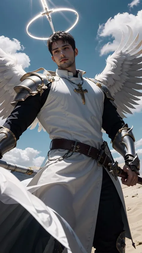 manly priest in heaven Valhalla, look at the viewer, <lora:bababruno_36450:1>, bababruno person, <lora:Clothing - Battle Priest_v2:0.5>, priest outfit, elegant stance, hold a longsword, longsword, paladin, halo, white wings, blue sky with cloud background, view from below, devil look, (feathers:1.2), vahalla, facial hair, beard, (masterpiece,best quality:1.5)