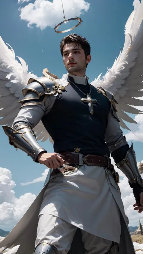 manly priest in heaven Valhalla, look at the viewer, <lora:bababruno_36450:1>, bababruno person, <lora:Clothing - Battle Priest_v2:0.5>, priest outfit, elegant stance, hold a longsword, longsword, paladin, halo, white wings, blue sky with cloud background, view from below, devil look, (feathers:1.2), vahalla, facial hair, beard, (masterpiece,best quality:1.5)