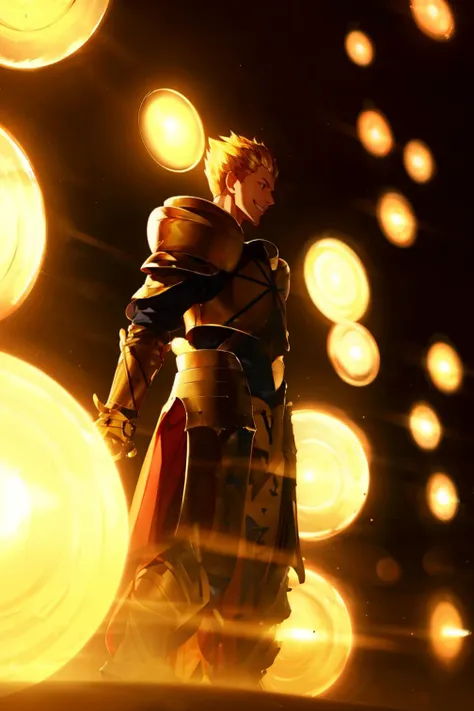 <lora:Gate_of_babylon-09:1>gate_of_babylon, 1 boy, solo, glowing circles in background, back lighting, raised arm <lora:Gilgamesh:0.8> GilgameshFull, grin, gold armor