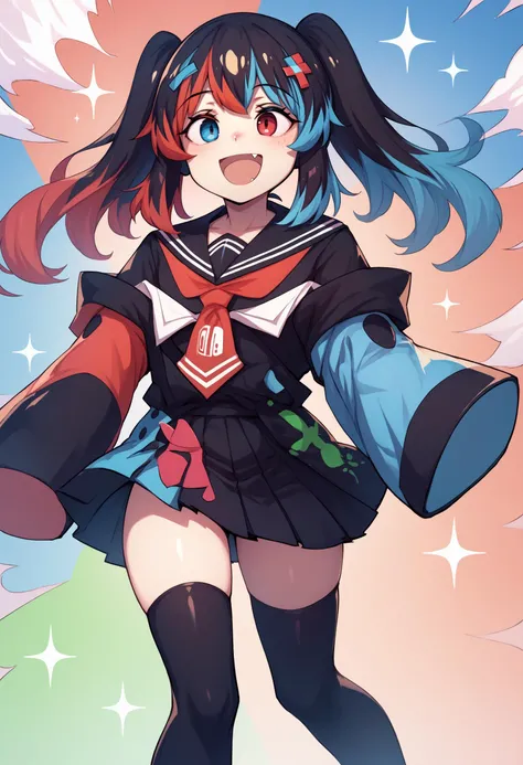 score_9, score_8_up, score_7_up, score_6_up, BREAK switchchan, heterochromia,sailor collar, sleeves past wrists, sleeves past fingers, school uniform, shirt, serafuku, black thighhighs,happy <lora:SwitchchanXLPD:1>