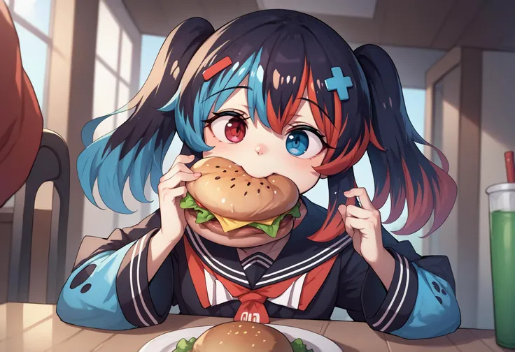 score_9, score_8_up, score_7_up, score_6_up, BREAK pov across table,eating a huge hamburger,switchchan, heterochromia,sailor collar<lora:SwitchchanXLPD:1>