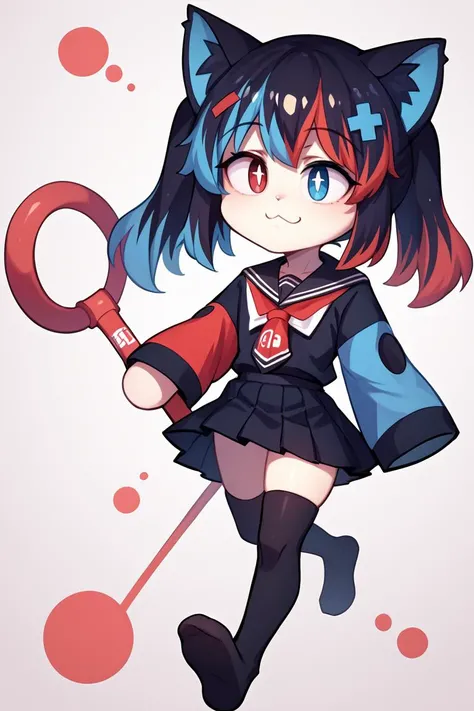 score_9, score_8_up, score_7_up, score_6_up, score_5_up, score_4_up, BREAK, solo, <lora:necoarc-guy-PONY-v1:.95>, necoarc, lit pupils, cat ears, chibi, :3, abstract background, full body, <lora:SwitchchanXLPD:0.9> Switchchan, heterochromia, sailor collar, sleeves past wrists, sleeves past fingers, school uniform, shirt, serafuku, black thighhighs