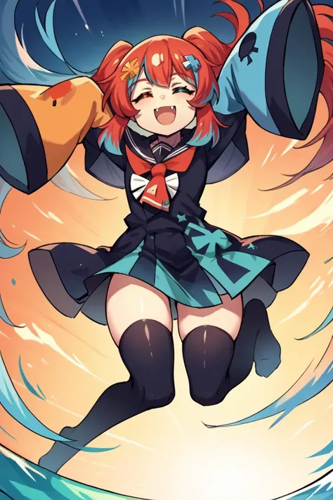 score_9, score_8_up, source_anime, 1girl, solo <lora:SwitchchanXLPD:1> Switchchan, heterochromia, sailor collar, sleeves past wrists, sleeves past fingers, school uniform, shirt, serafuku, black thighhighs, jumping, closed eyes, open mouth, smile, fangs, raised arms, sunburst