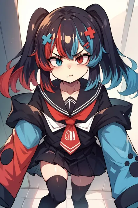score_9, score_8_up, source_anime, 1girl, solo  <lora:SwitchchanXLPD:1> Switchchan, heterochromia, sailor collar, sleeves past wrists, sleeves past fingers, school uniform, shirt, serafuku, black thighhighs, pout, avoiding eye contact, from above, angry