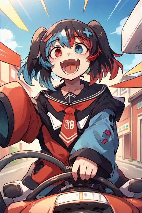 score_9, score_8_up, source_anime, 1girl, solo  <lora:SwitchchanXLPD:1.2> Switchchan, heterochromia, sailor collar, sleeves past wrists, sleeves past fingers, school uniform, shirt, serafuku, go-kart, driving a go-kart, laughing, street, crazy