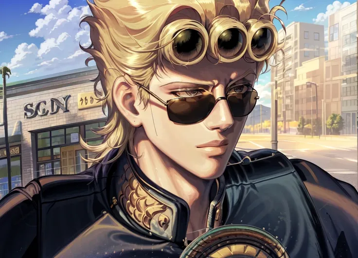 photo of grno, 1boy, wearing sunglasses, driving a convertible, sunny, clouds