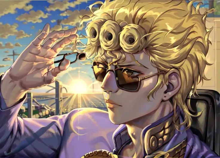 photo of grno, 1boy, wearing sunglasses, driving a convertible, sunny, clouds