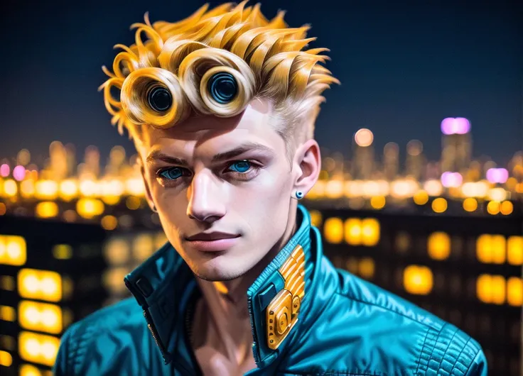 photo of grno, 1boy, night, city, wearing a jacket, cyberpunk setting
